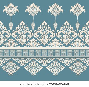 A seamless damask border pattern featuring intricate floral motifs and classical columns. The soft blue-green background and cream-colored design create an elegant and timeless aesthetic.