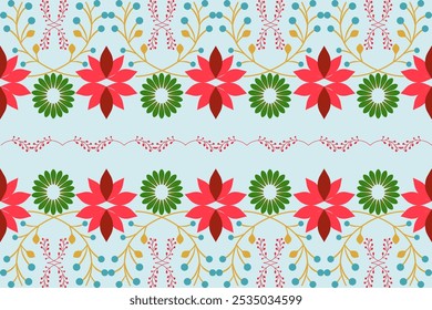 Um padrão de borda de damasco sem costura com motivos florais intrincados. O vermelho-verde com fundo azul e design Leafs cria uma estética elegante e atemporal. Idealmente para toda a decoração. 