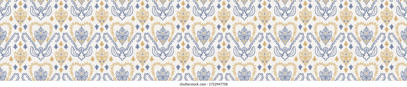 Trazado de borde de damasco sin inconvenientes en lino azul francés chic. Textura floral dibujada a mano. Fondo de banner al estilo de una granja. La decoración interior es de papel pintado. Guarnecido de cinta de motivos floridos