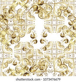 Seamless damask classic golden pattern. Vector illustration. Vector abstract background with repeating elements. Golden seamless pattern on white, beige and brown colors with golden elements.