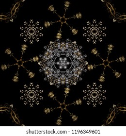 Seamless damask classic golden pattern. Vector illustration. Vector abstract background with repeating elements. Golden seamless pattern on black, gray and brown colors with golden elements.