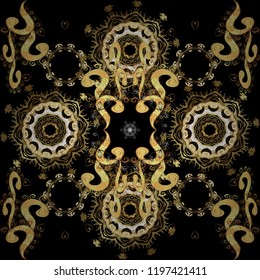 Seamless damask classic golden pattern. Vector abstract background with repeating elements. Vector illustration. Golden seamless pattern on black, yellow and brown colors with golden elements.