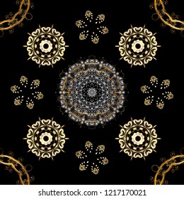 Seamless damask classic golden pattern. Golden on black, gray and brown colors with golden elements. Vector illustration. Vector abstract background with repeating elements.