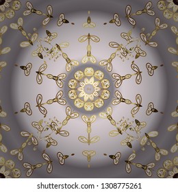 Seamless damask classic golden pattern. Golden seamless pattern on gray and neutral colors with golden elements. Vector abstract background with repeating elements. Vector illustration.