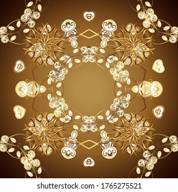 Patrón dorado clásico de damasco sin soles. Ilustración vectorial. Patrón dorado sin fisuras sobre los colores marrón y beige con elementos dorados. Fondo abstracto vectorial con elementos repetitivos.