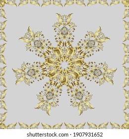 Nahtlose Damast klassisches goldenes Muster. Vektorgrafik. Abstrakter Vektorhintergrund mit sich wiederholenden Elementen. Goldenes, nahtloses Muster auf grauen und neutralen Farben mit goldenen Elementen.