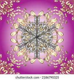 Seamless damask classic golden pattern. Vector abstract background with repeating elements. Golden seamless pattern on pleasant colors with golden elements. Vector illustration. 