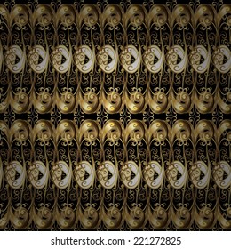 Seamless damask classic golden pattern. Vector illustration. Vector abstract background with repeating elements. Golden seamless pattern on brown, gray and black colors with golden elements.