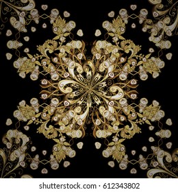 Seamless damask classic golden pattern. Golden seamless pattern on black background with golden elements. Vector illustration. Vector abstract background with repeating elements.