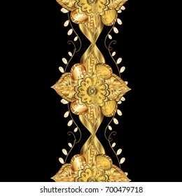 Seamless damask classic golden pattern. Golden seamless pattern on black background with golden elements. Vector illustration. Vector abstract background with repeating elements.
