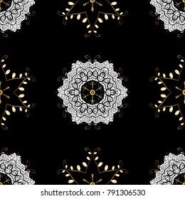 Seamless damask classic golden pattern. Golden seamless pattern on black colors with golden elements. Vector illustration. Vector abstract background with repeating elements.