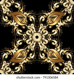 Seamless damask classic golden pattern. Golden seamless pattern on black colors with golden elements. Vector illustration. Vector abstract background with repeating elements.