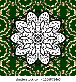 Seamless damask classic white and golden pattern. Vector abstract background with repeating elements. Golden pattern on blue, white and black colors with golden elements.