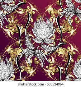 Seamless damask classic white and golden pattern. Vector abstract background with repeating elements. Golden pattern on pink background with golden elements.