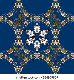 Seamless damask classic white and golden pattern. Vector abstract background with repeating elements. Golden pattern on blue background with golden elements.