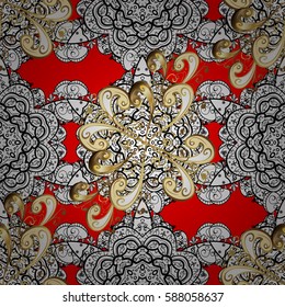 Seamless damask classic white and golden pattern. Vector abstract background with repeating elements. Golden pattern on red background with golden elements.