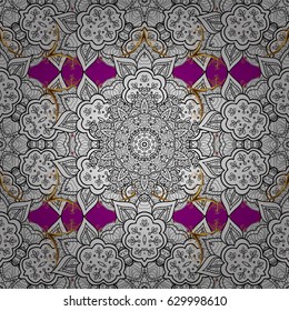 Seamless damask classic white and golden pattern. Vector abstract background with repeating elements. Golden pattern on magenta background with golden elements.