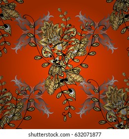 Seamless damask classic white and golden pattern. Vector abstract background with repeating elements. Golden pattern on orange background with golden elements.