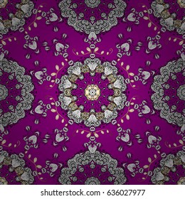 Seamless damask classic white and golden pattern. Vector abstract background with repeating elements. Golden pattern on magenta background with golden elements.