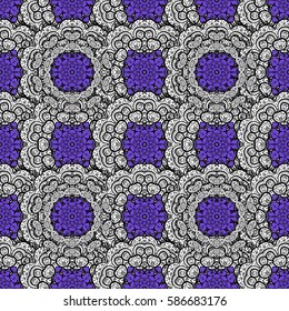 Seamless damask classic white pattern. Vector abstract background with repeating elements. Golden seamless pattern on violet background with white elements. Vector illustration.
