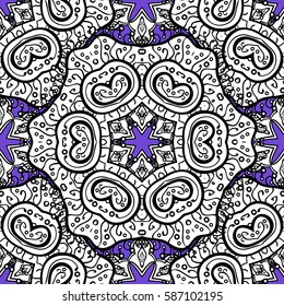 Seamless damask classic white pattern. Vector abstract background with repeating elements. Golden seamless pattern on violet background with white elements. Vector illustration.