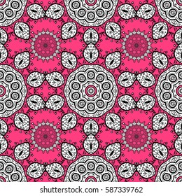 Seamless damask classic white pattern. Vector abstract background with repeating elements. Golden seamless pattern on pink background with white elements. Vector illustration.