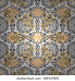 Seamless damask classic white pattern. Vector abstract background with repeating elements. Golden seamless pattern on beige background with white elements. Vector illustration.