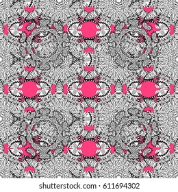 Seamless damask classic white pattern. Vector abstract background with repeating elements. Golden seamless pattern on pink background with white elements. Vector illustration.