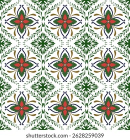 Patrón de tela de Damasco sin costuras sobre un fondo blanco, crema, verde, rojo, patrones florales amarillos, hermoso, elegante, fluido, clásico, 
