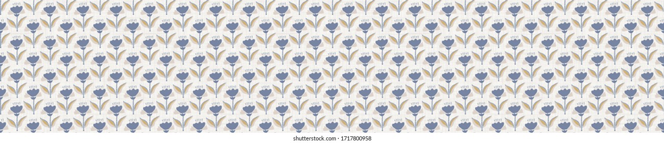 
Seamless damask floral border pattern. French blue linen shabby chic style. Hand drawn country bloom banner. Rustic woven background. Kitchen towel home decor swatch. Simple flower ribbon trim edge.