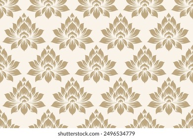 Seamless damask floral pattern in beige and gold tones with intricate lotus flower motifs. Perfect for wallpaper, fabric, and decoration.