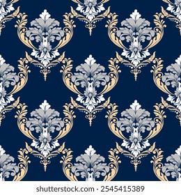 seamless damask floral pattern dark blue blackground floral motifs, perfect for wallpaper, textile, invitation.