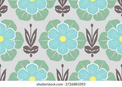 Seamless damask floral pattern featuring stylized blue flowers with green leaves on a soft gray background. Elegant symmetrical botanical design inspired by classic damask ornament, perfect for wallpaper, textile prints, fabric design, home decor, packaging, stationery, and surface pattern design. Clean, decorative, and timeless floral background.