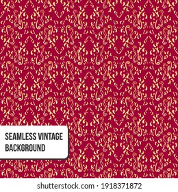 Seamless damask floral pattern illustration. Baroque wallpaper. Vector vintage gold ornament on red background