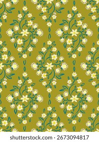 Patrón floral de damasco sin costuras con hojas y ramas en estilo retro dibujado a mano de moda verde oliva, azul y tonos amarillos. Perfecto para el Fondo de pantalla, textiles para el hogar, tela, accesorios de moda,  