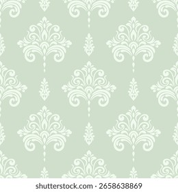 Patrón floral de damasco sin fisuras sobre fondo verde.