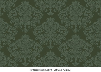 Seamless damask green floral pattern with vintage wallpaper and vector design. Ornamental background with paisley, lotus, rose, and antique motifs. 