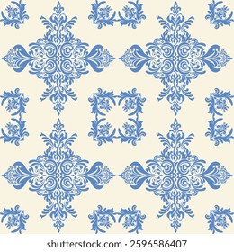 Seamless Damask Ikat floral pattern with elegant blue elements. A sophisticated blend of classic Damask and Ikat motifs, for wallpaper, fabric prints, textiles, home decor, upholstery, and  interior.