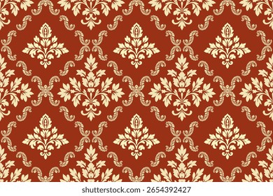 Seamless damask ikat floral pattern with traditional ethnic embroidery texture, abstract vintage illustration for textile, fabric, clothing, wallpaper, and decorative surface design elements.