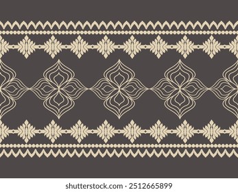 seamless damask ikat pattern features intricate cream-colored motifs on a dark background, blending traditional elegance with modern design. Ideal for textiles, wallpapers, and home decor.