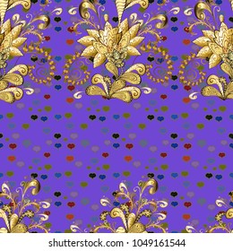 Seamless damask pattern background for wallpaper design in the style of Baroque. Golden pattern on violet, brown and yellow colors with golden elements. Ornate vector decoration.