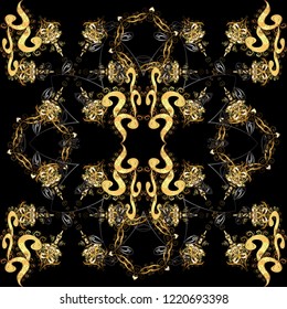 Seamless damask pattern background for wallpaper design in the style of Baroque. Golden pattern on black, brown and yellow colors with golden elements. Ornate vector decoration.