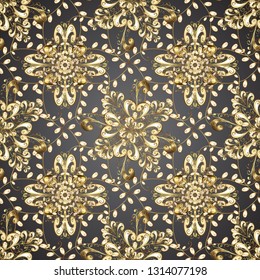 Seamless damask pattern background for wallpaper design in the style of Baroque. Golden pattern on gray and beige colors with golden elements. Ornate vector decoration.