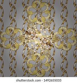 Seamless damask pattern background for wallpaper design in the style of Baroque. Ornate vector decoration. Golden pattern on yellow and gray colors with golden elements.