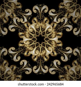Seamless damask pattern background for wallpaper design in the style of Baroque. Ornate vector decoration. Golden pattern on colors with golden elements.