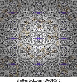 Seamless damask pattern background for wallpaper design in the style of Baroque. Golden pattern on violet background with golden elements. Ornate vector decoration.