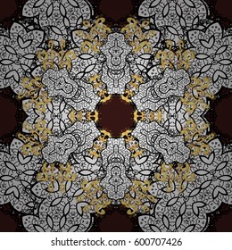 Seamless damask pattern background for wallpaper design in the style of Baroque. Golden pattern on brown background with golden elements. Ornate vector decoration.