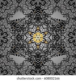 Seamless damask pattern background for wallpaper design in the style of Baroque. Golden pattern on gray background with golden elements. Ornate vector decoration.