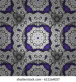 Seamless damask pattern background for wallpaper design in the style of Baroque. Golden pattern on violet background with white elements. Ornate vector decoration.