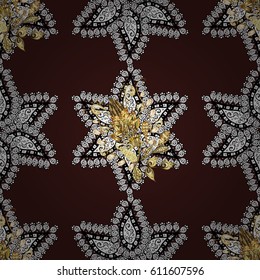 Seamless damask pattern background for wallpaper design in the style of Baroque. Golden pattern on brown background.
